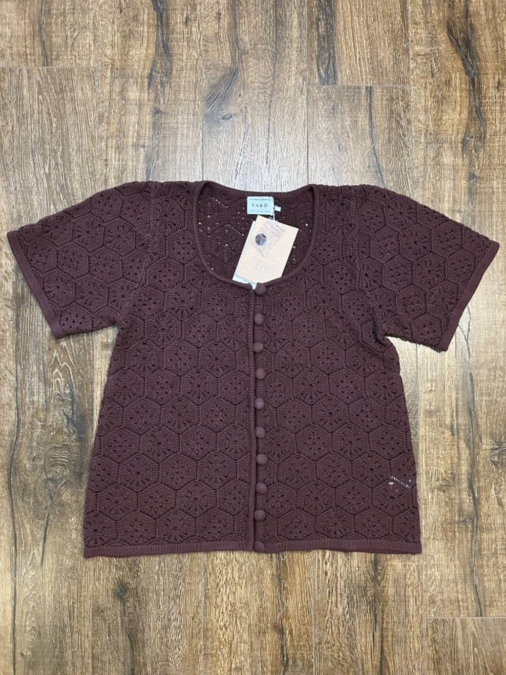 SABO Crochet knit Button Brown Umiko Top L-XL Cotton - Picture 3 of 12